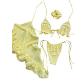 3-teiliger Neckholder-Badeanzug zum Selbstbinden aus massivem Netzstoff